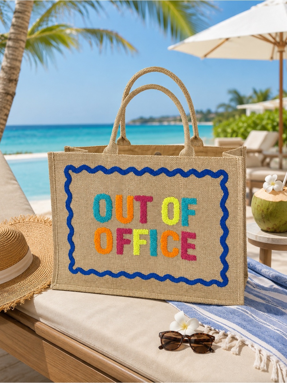 Shiraleah Out of Office Beach Tote NWT | Colorful Chenille Jute Resort Bag
